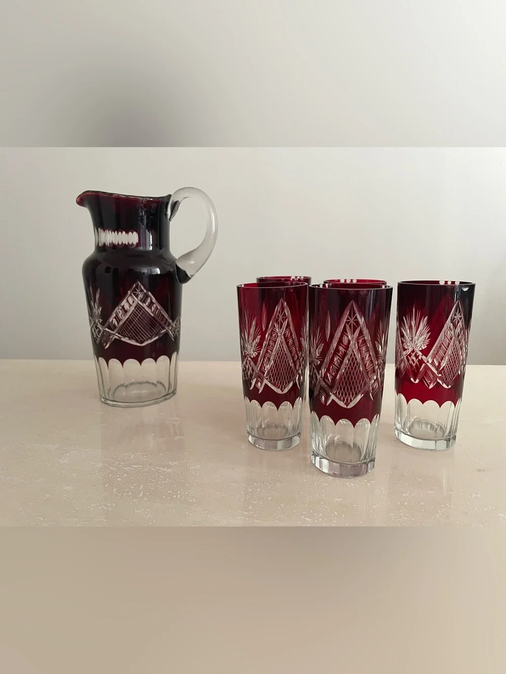 Vintage Bohemian Ruby Red Cut to Clear Pitcher & Glass Glassware Set of 6 Pieces
